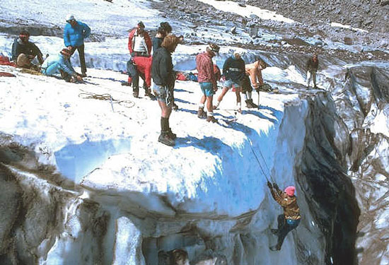 Lute Jerstad conducts a traditional crevass rescue practice